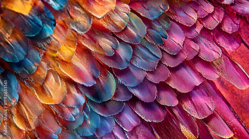 Obraz premium Close-up image of a butterfly wing, capturing the unique pattern and vibrant colors in fine detail, with each scale visible in a beautifully detailed macro perspective 