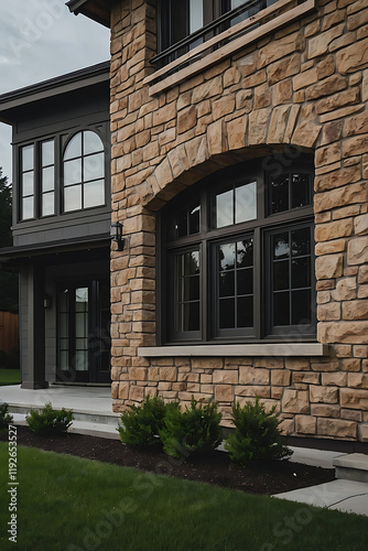 Wallpaper Mural Modern Stone House Exterior: Luxury Home Design and Architecture. Stunning Facade with Large Windows and Landscaped Garden Torontodigital.ca
