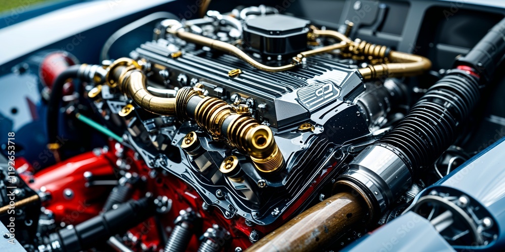 Obraz premium Intricate Close-Up of a Custom Race Car Engine Showcasing Unique Mechanical Design Element