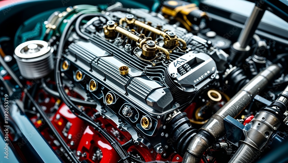 Intricate Close-Up of a Custom Race Car Engine Showcasing Unique Mechanical Design Element Intricate Close-Up of a Custom Race Car Engine Showcasing Unique Mechanical Design Element