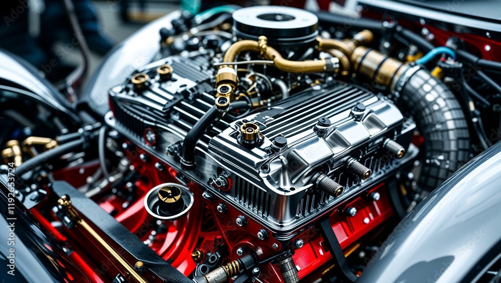 Intricate Close-Up of a Custom Race Car Engine Showcasing Unique Mechanical Design Element Intricate Close-Up of a Custom Race Car Engine Showcasing Unique Mechanical Design Element