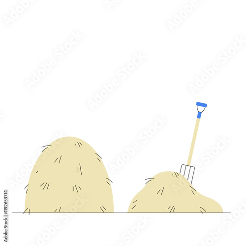 Haystack With Pitchfork In Flat Vector Illustration Symbolizing Farming Tools, Rural Life, And Traditional Agriculture, Isolated On White Background.