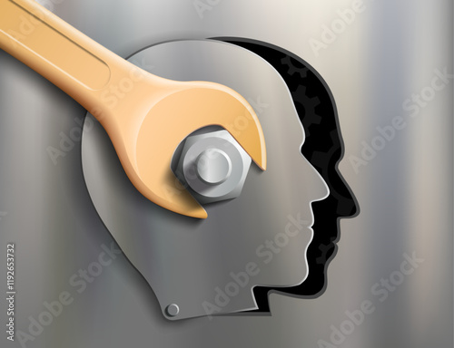 Silhouette of a human head with a wrench tool and nut. Vector illustration