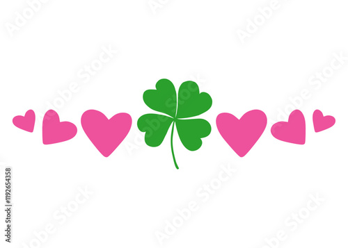 Logo afortunado en el amor. Borde de adorno. Banner con trébol de cuatro hojas y corazones para tarjetas y felicitaciones de San Patricio y San Valentín