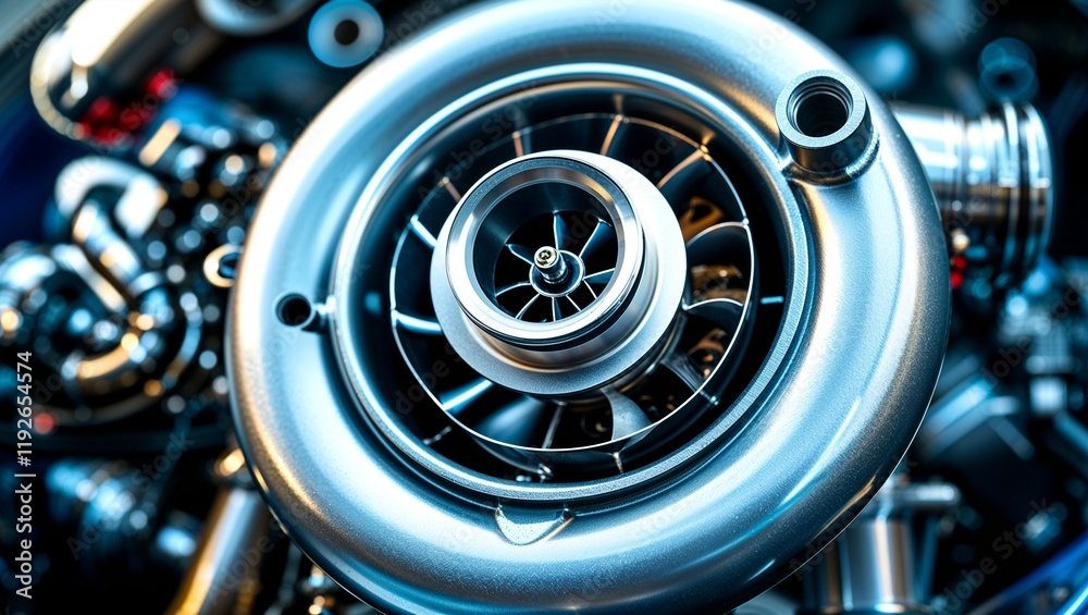 Turbocharged Performance: A close-up of a powerful turbocharger, showcasing the intricate engineering and sleek design of this high-performance automotive component Turbocharged Performance: A close-up of a powerful turbocharger, showcasing the intricate engineering and sleek design of this high-performance automotive component