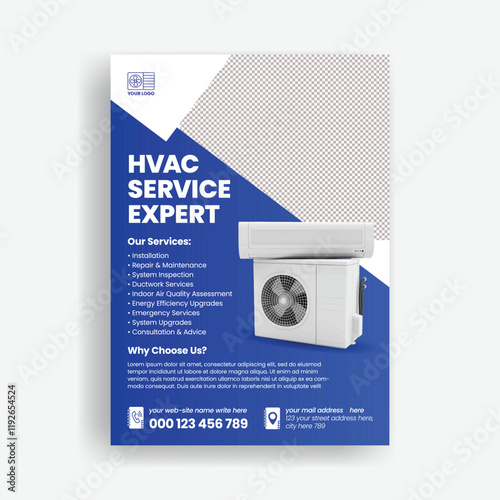 HVAC service  print flyer or poster template, Air Conditioner Repair Service flyer, Ac maintenance, installation Service flyer poster leaflet design with realistic ac illustration photo