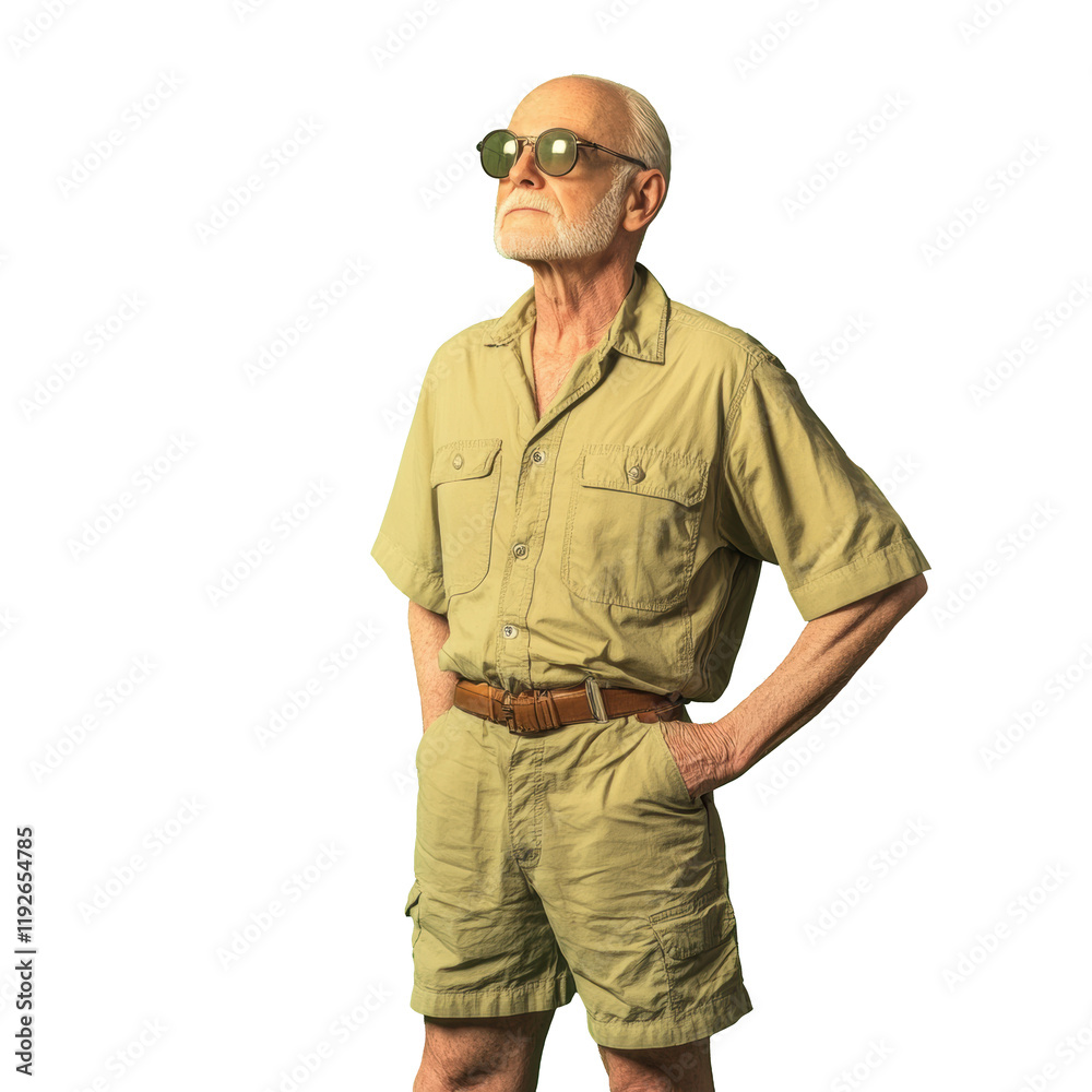 Fototapeta premium Elderly man in sunglasses wearing khaki outfit isolated on white