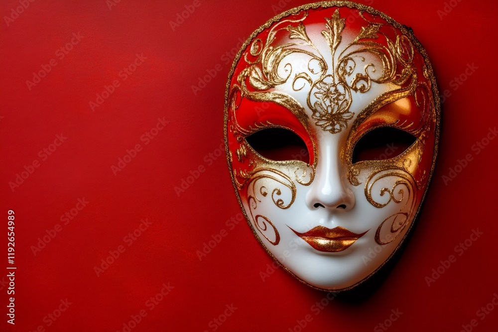 Venetian carnival mask with red and gold decoration on red background Venetian carnival mask with red and gold decoration on red background