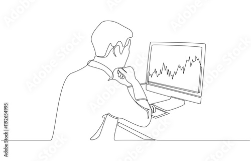 Continuous one line drawing of businessman looking at stock chart on monitor, stock investment concept, single line art