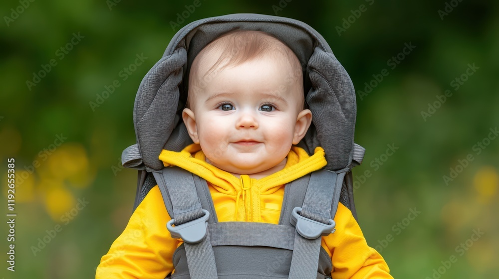 Happy Baby in Front Carrier Smiling Outdoors in Vibrant Setting