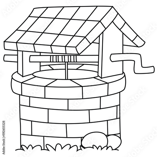 Cute cartoon hand drawn vector water well coloring page.