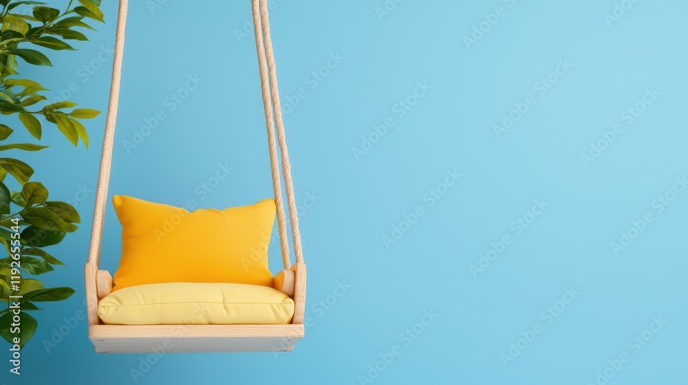 Cozy Yellow Cushion on Modern Swing Against Bright Blue Background Cozy Yellow Cushion on Modern Swing Against Bright Blue Background