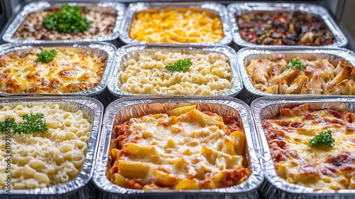 A visually appealing freezer displays neatly arranged silvery aluminum foil trays each filled with wellportioned casseroles. The trays show a variety of meals from cheesy pasta photo