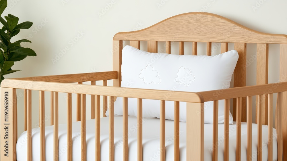 Wooden Crib with Soft Cloud Pillow in Modern Nursery Setting Wooden Crib with Soft Cloud Pillow in Modern Nursery Setting
