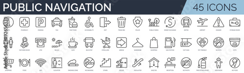 Set of 45 outline icons related to public navigation. Linear icon collection. Editable stroke. Vector illustration	