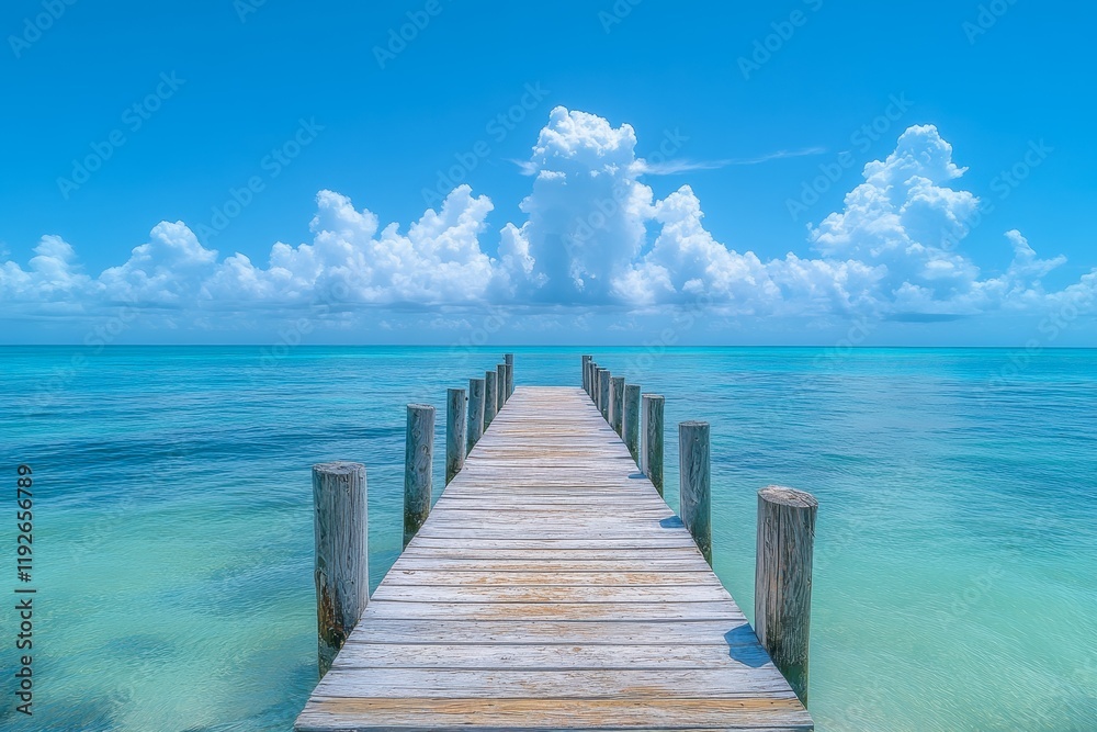 Fototapeta premium A serene wooden pier extends into a tranquil turquoise sea under a clear blue sky filled with fluffy clouds, creating a picturesque coastal scene