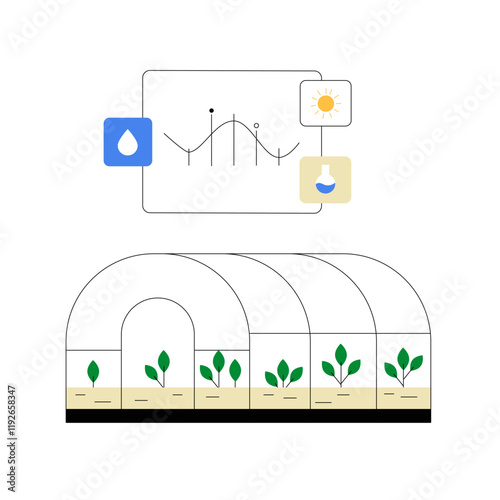 Smart Greenhouse With Growth Stages In Flat Vector Illustration Symbolizing Precision Farming And Modern Agriculture, Isolated On White Background.