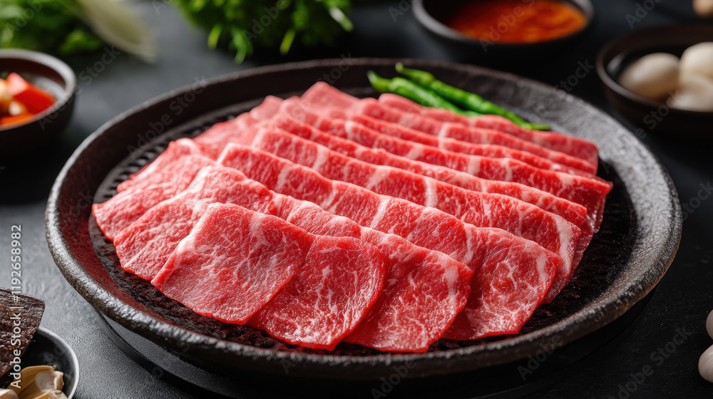 Freshly sliced beef arranged neatly on black plate, showcasing marbled texture and vibrant color, perfect for grilling or hot pot Freshly sliced beef arranged neatly on black plate, showcasing marbled texture and vibrant color, perfect for grilling or hot pot