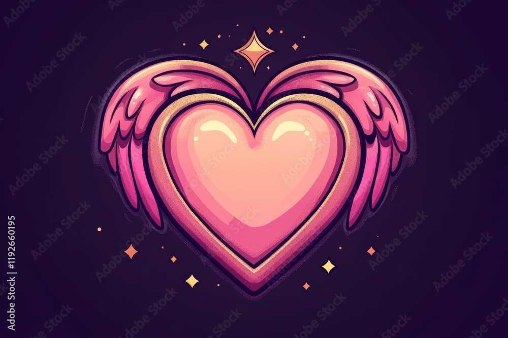 Pink Heart with Wings and Stars on Dark Background Illustration Pink Heart with Wings and Stars on Dark Background Illustration