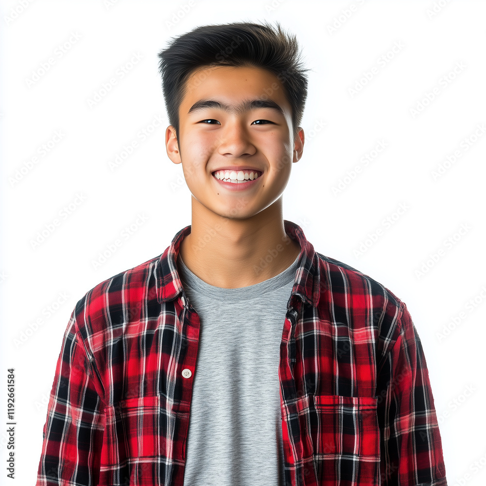 Smiling Asian teenager boy in plaid shirt isolated on white background Smiling Asian teenager boy in plaid shirt isolated on white background