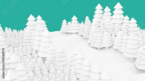 Minimalist 3D animation featuring stylized white paper trees and winding road against turquoise sky. Gentle rippling motion creates a playful, eco-conscious atmosphere. Perfect for educational content