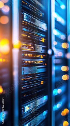 A close-up view of a data center featuring illuminated server racks, showcasing the technology and infrastructure of modern computing.