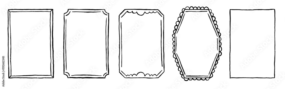 Set of elegant whimsical hand-drawn frames in trendy vintage styles. Simple chalk hand drawn borders. Rectangle shape