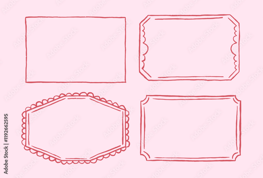 Set of elegant whimsical hand-drawn frames in trendy vintage styles. Simple red chalk hand drawn borders. Rectangle horizontal shape Set of elegant whimsical hand-drawn frames in trendy vintage styles. Simple red chalk hand drawn borders. Rectangle horizontal shape