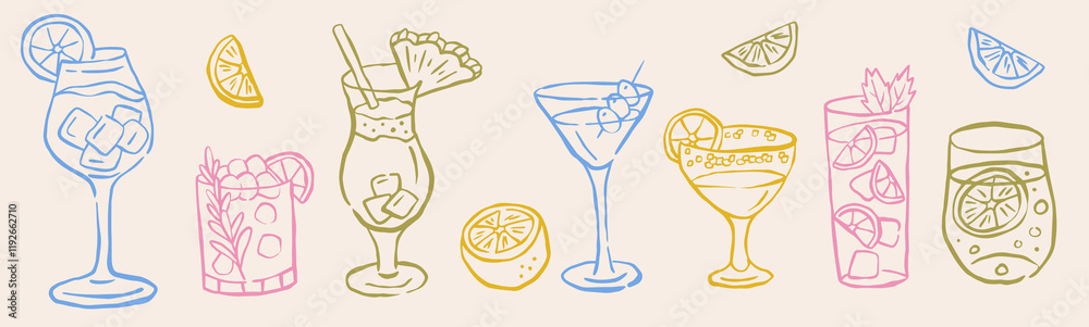 Cocktails alcoholic martini, aperol spritz in ink doodle style. Hand drawn collection of drink. Italian style wedding dinner icons.