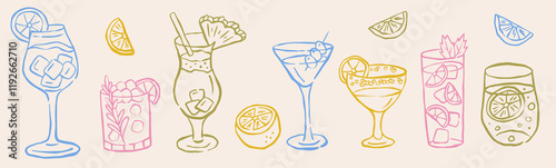 Cocktails alcoholic martini, aperol spritz in ink doodle style. Hand drawn collection of drink. Italian style wedding dinner icons.