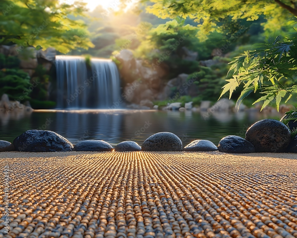 Fototapeta premium Serene Zen Garden with Misty Waterfall Exuding Tranquility and Contemplation