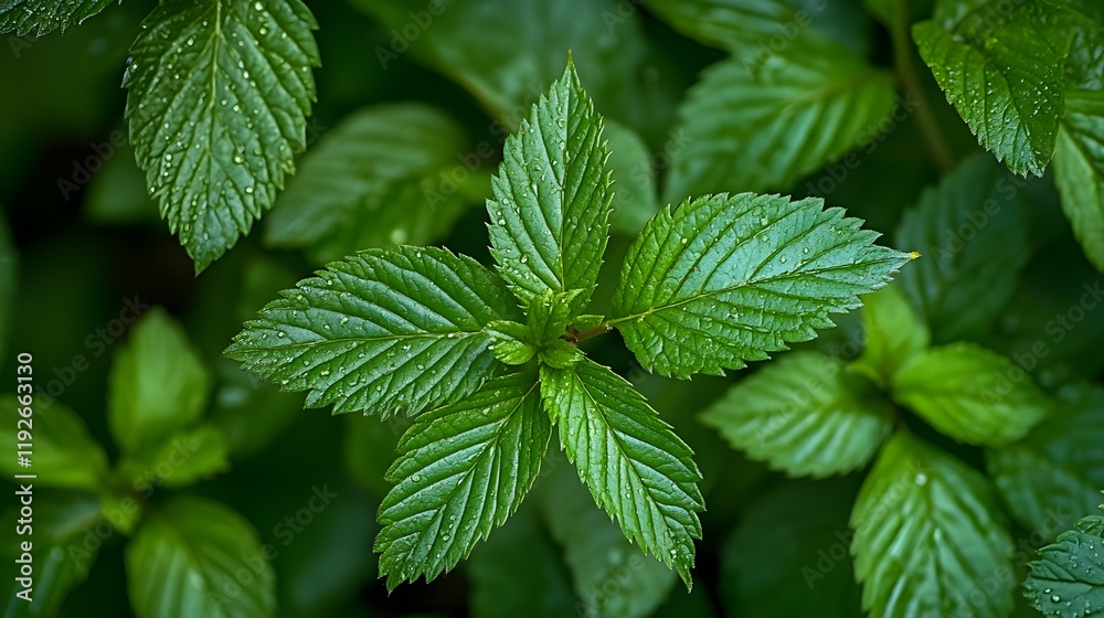 A close-up image of lush green leaves glistening with morning dew, highlighting the intricate vein patterns and natural textures, while the background is artistically blurred to draw attention A close-up image of lush green leaves glistening with morning dew, highlighting the intricate vein patterns and natural textures, while the background is artistically blurred to draw attention