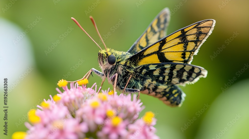 A close-up of a vibrant butterfly perched on a colorful flower, with intricate patterns on its wings in sharp focus. The natural outdoor lighting highlights each detail, and the softly blurred A close-up of a vibrant butterfly perched on a colorful flower, with intricate patterns on its wings in sharp focus. The natural outdoor lighting highlights each detail, and the softly blurred