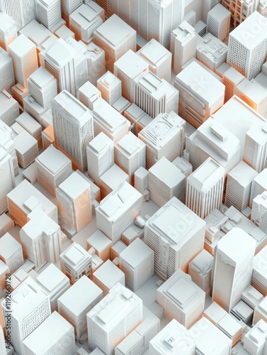 Aerial view of a densely packed urban landscape featuring modern buildings with a minimalist white and orange color scheme. photo