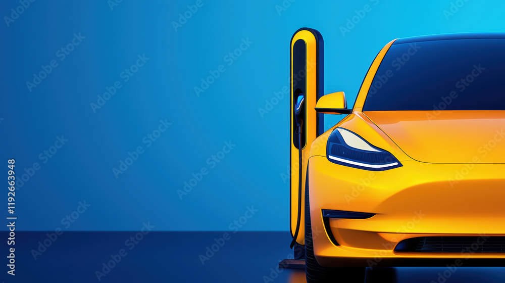 Fototapeta premium Sleek Yellow Electric Car Charging Against Vibrant Blue Background