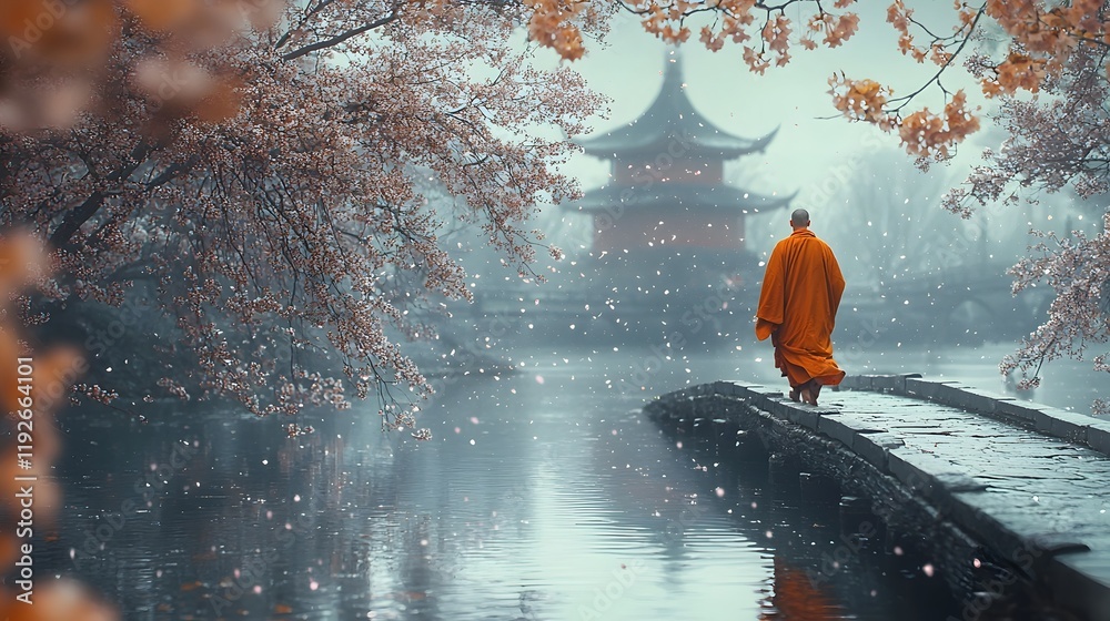 Fototapeta premium Traveling Monk Crossing Stone Bridge Over Tranquil River with Cherry Blossoms