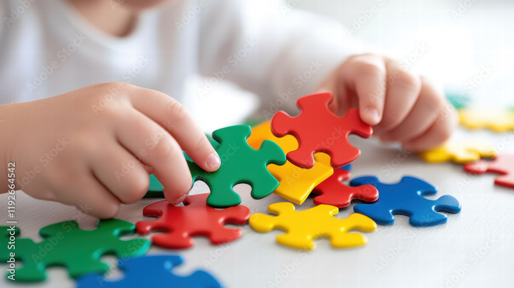 Child playing with colorful puzzle pieces on table Child playing with colorful puzzle pieces on table