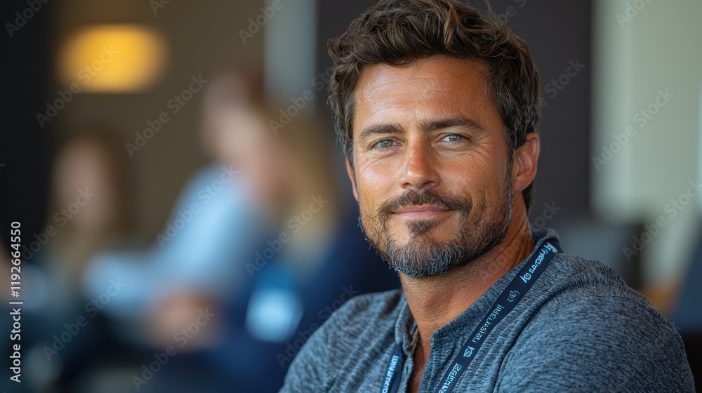 Obraz premium Man smiling in a casual setting with blurred background.