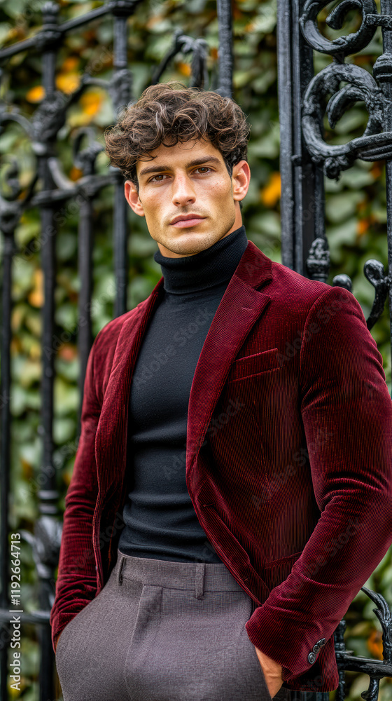 Fototapeta premium A man in a maroon corduroy jacket and charcoal trousers, standing confidently by a vintage wrought-iron gate with ivy-covered walls