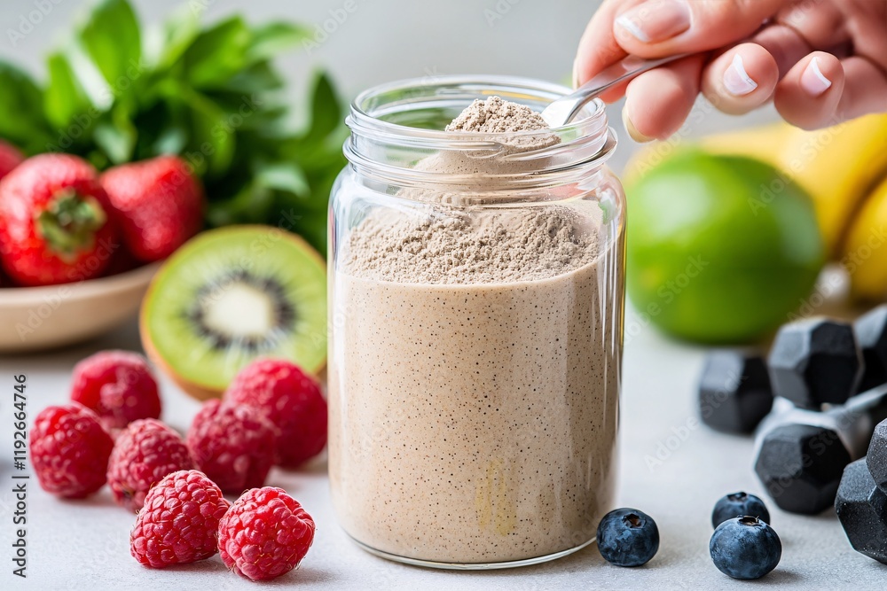 Protein powder lifestyle concept. Healthy smoothie protein powder in a jar with fresh fruits like strawberries, raspberries, and blueberries surrounding it, ready for blending. Protein powder lifestyle concept. Healthy smoothie protein powder in a jar with fresh fruits like strawberries, raspberries, and blueberries surrounding it, ready for blending.