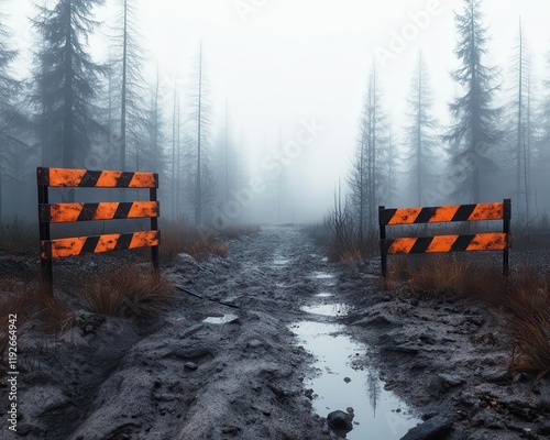 Roadblocks and warning signs closing off trails, surrounded by a smoky forest, a somber warning of the danger beyond photo