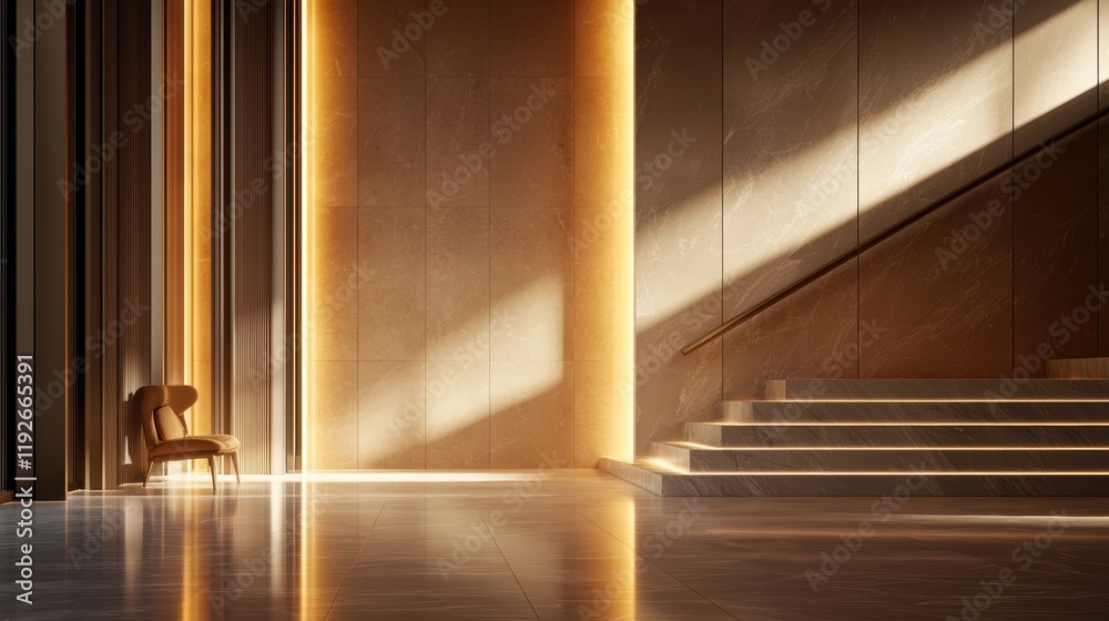 Obraz premium Modern interior featuring sculptural marble walls, angular staircases, and a blend of raw textures illuminated by golden sunlight