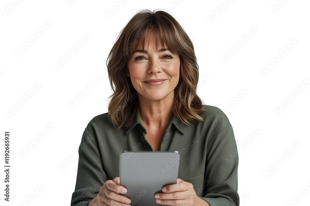 Smilling woman holding a tablet isolated on transparent Smilling woman holding a tablet isolated on transparent