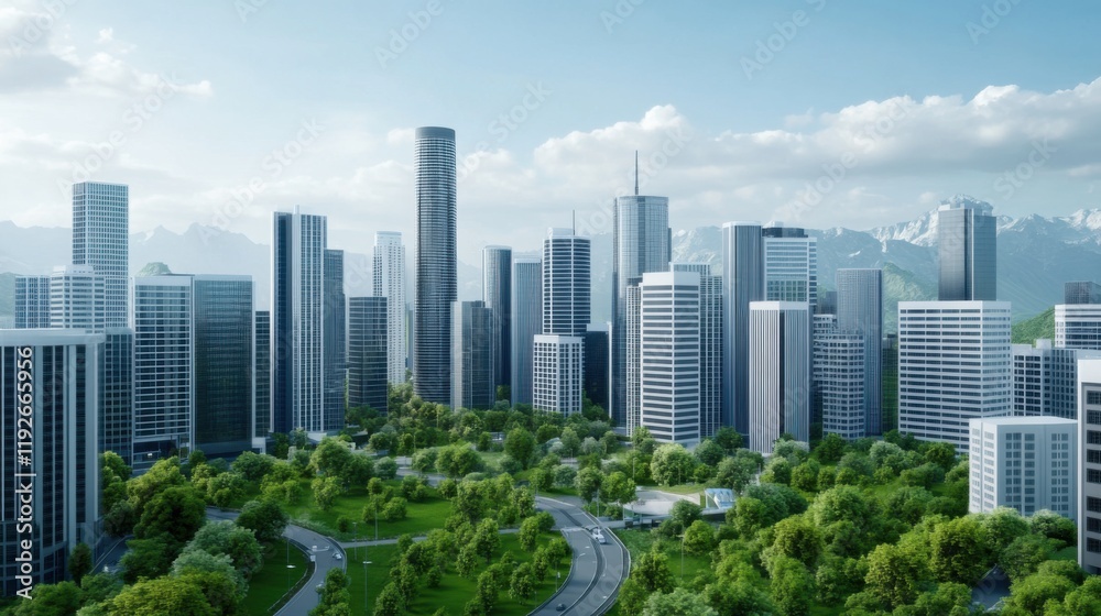 Modern Urban Skyline with Lush Greenery and Blue Sky, Featuring Tall Buildings and Mountains in the Background Modern Urban Skyline with Lush Greenery and Blue Sky, Featuring Tall Buildings and Mountains in the Background
