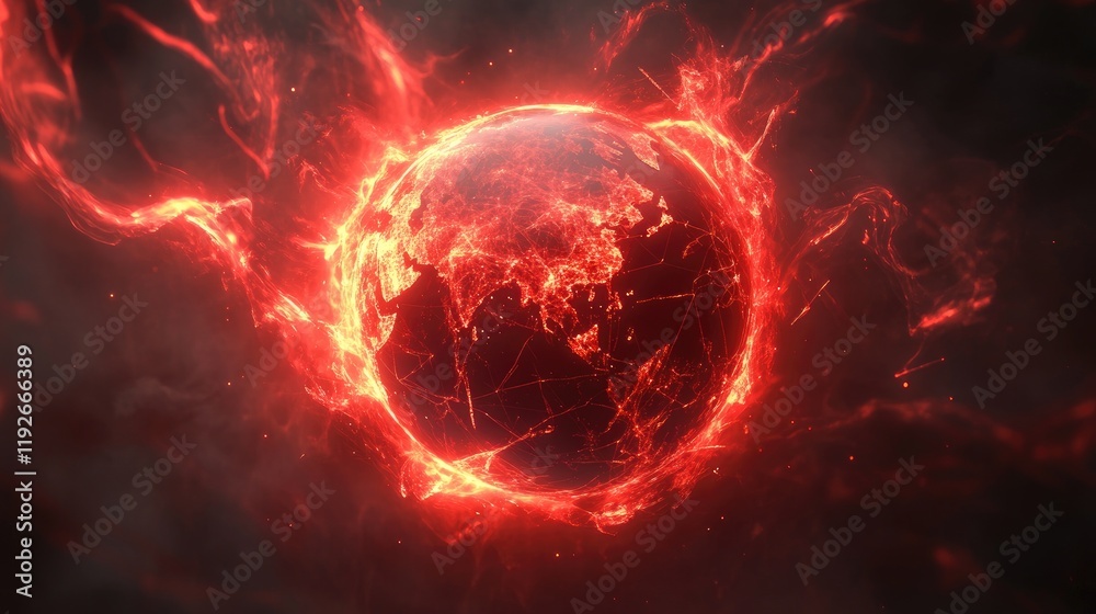 Fototapeta premium An abstract illustration of a glowing red globe, showcasing global digital connections with dynamic light effects.