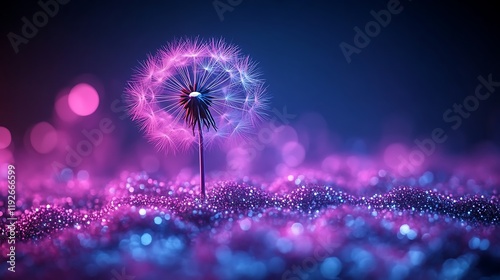 Illuminated Dandelion Seedhead on Glittering Surface
