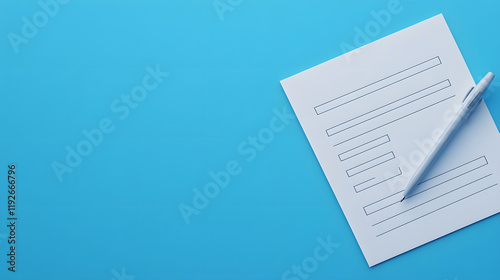Una hoja con líneas horizontales y un bolígrafo gris están sobre una superficie azul. La imagen sugiere escritura, toma de notas o planificación en un entorno limpio y ordenado. photo