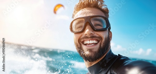Smiling man enjoying kitesurfing adventure, capturing a thrilling water sports experience with bright blue waves and sunny skies