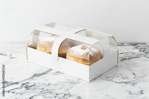 pristine white bakery box with clear acetate window, elegant handle photo