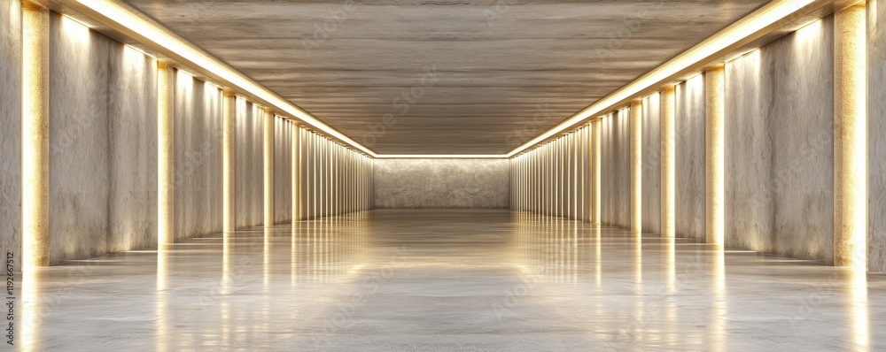 Fototapeta premium Timeless concrete corridor with mirrored floors and rhythmic patterns, capturing the essence of symmetry and modern elegance